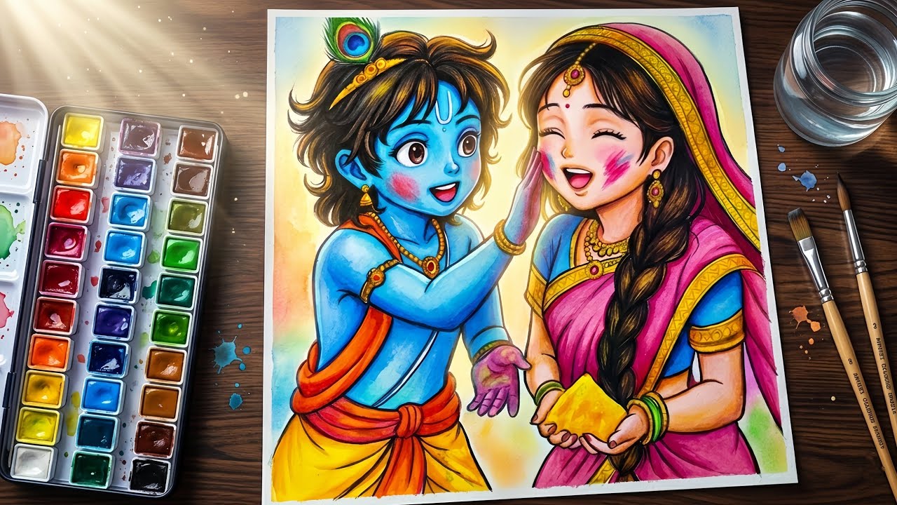 Radha Krishna Holi Drawing Colour 😍🎨 | Radhakrishna Playing Holi Drawing Animestyle |