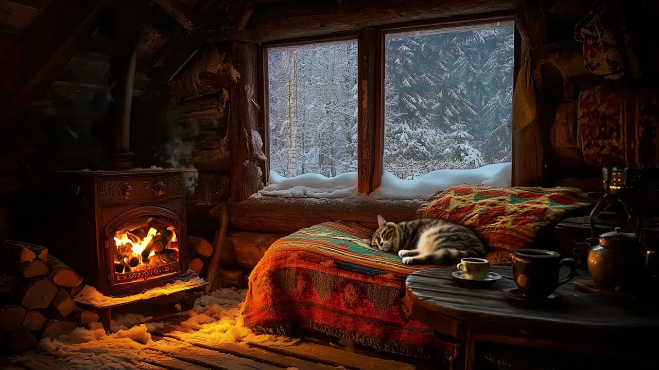 I fell asleep in just a few minutes… A cozy winter night in a log cabin with a fireplace