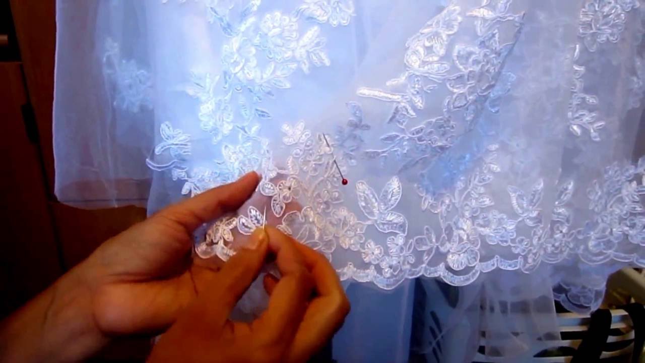 Hemming A Wedding Gown With Applique. Wedding Gown Alterations