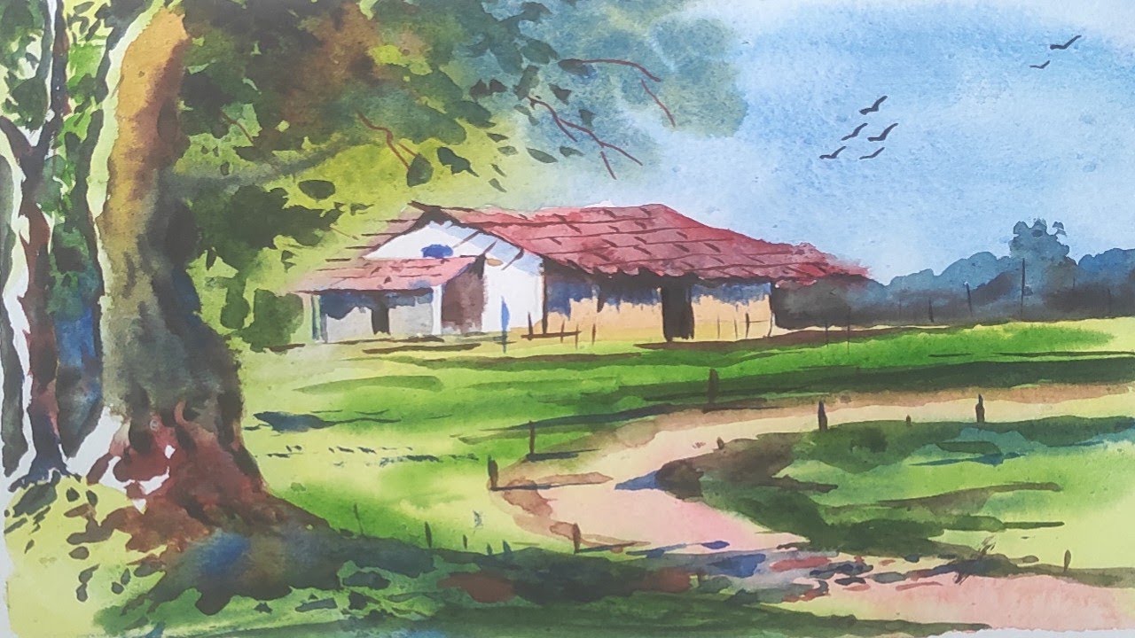 How To Paint Watercolour Landscape For Beginners || Watercolor Landscape Painting || village Art |