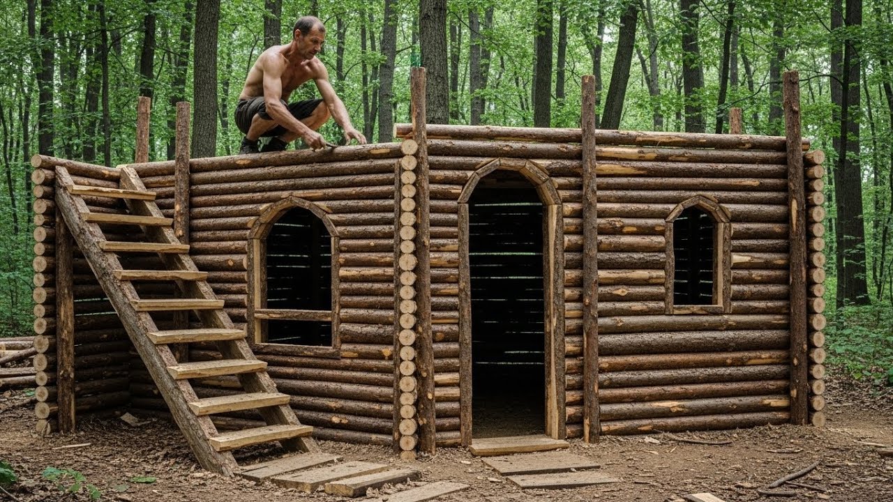 Building a Warm Log Cabin Alone in the Deep Forest in 30 Days