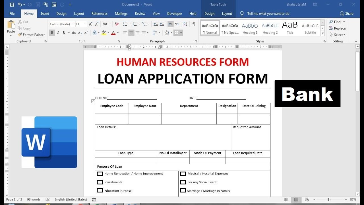 How To Make bank&nbsp;loan application form in Ms Word | simple loan application form