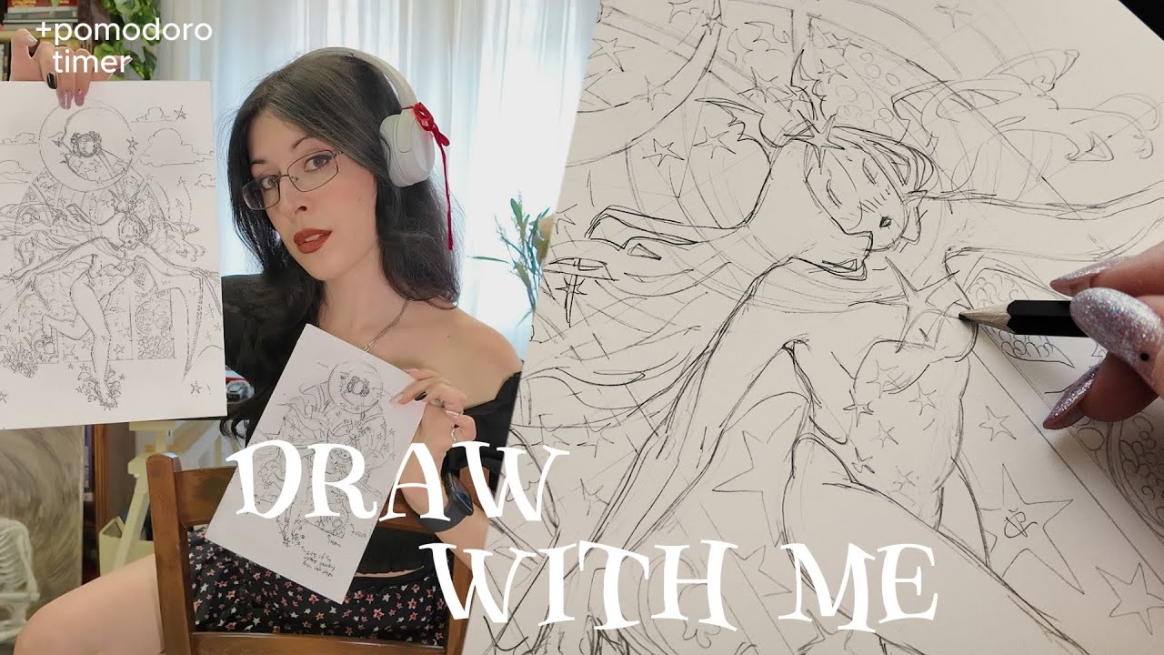 Draw with me🌹real-time sketching session - relaxing piano + Pomodoro timer🍅 [The Commission PT.1]