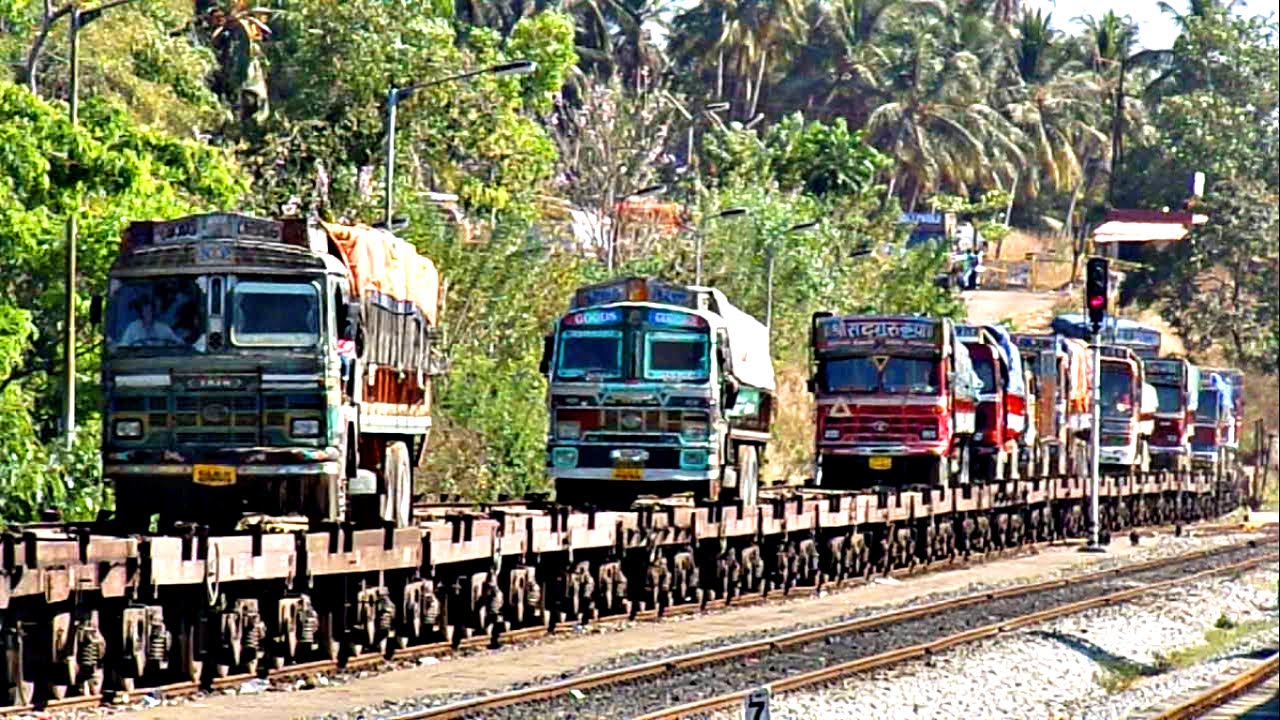 Trucks On Train! RORO Train Loading On Konkan Railway, India!