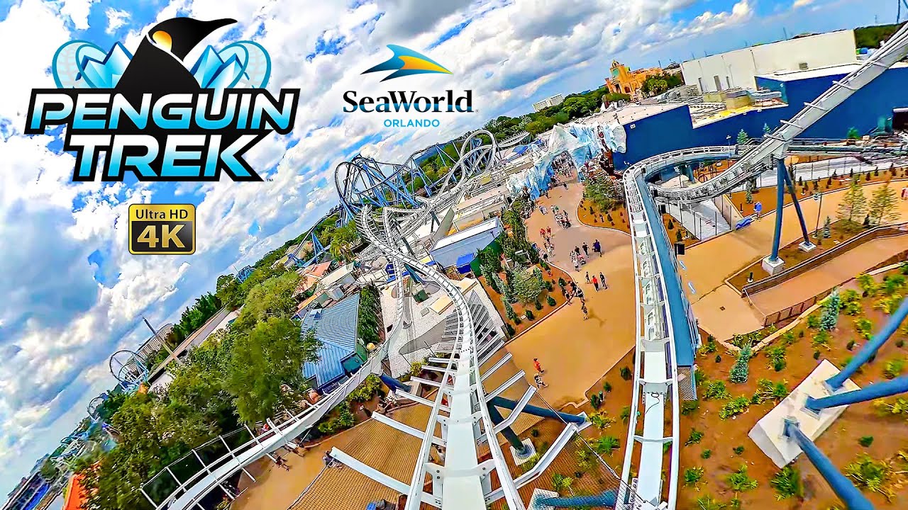 Penguin Trek Roller Coaster On Ride Front Seat 4K POV with Queue SeaWorld Orlando 2024 07 05
