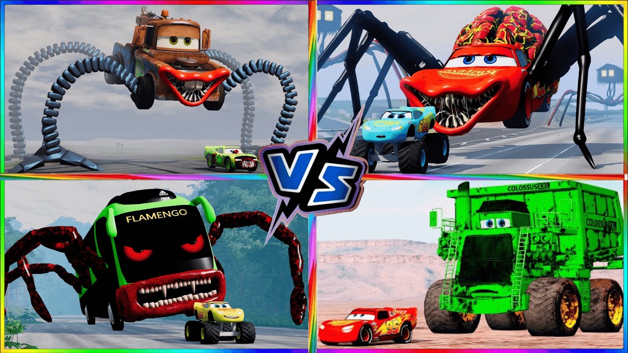 💀GIGANT BOSSES  vs MONSTER Lightning McQueen SCHOOL BUSS ZOMBIE ! / Challenge Tiles Hop EXE  🚗🎵 №3