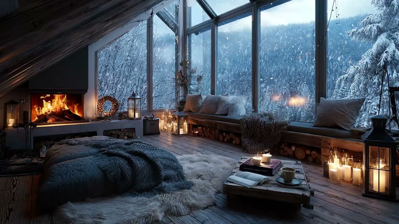 Snow Wind and Crackling Fireplace Sounds for Deep Sleep, Stress Relief and Cozy Winter Nights