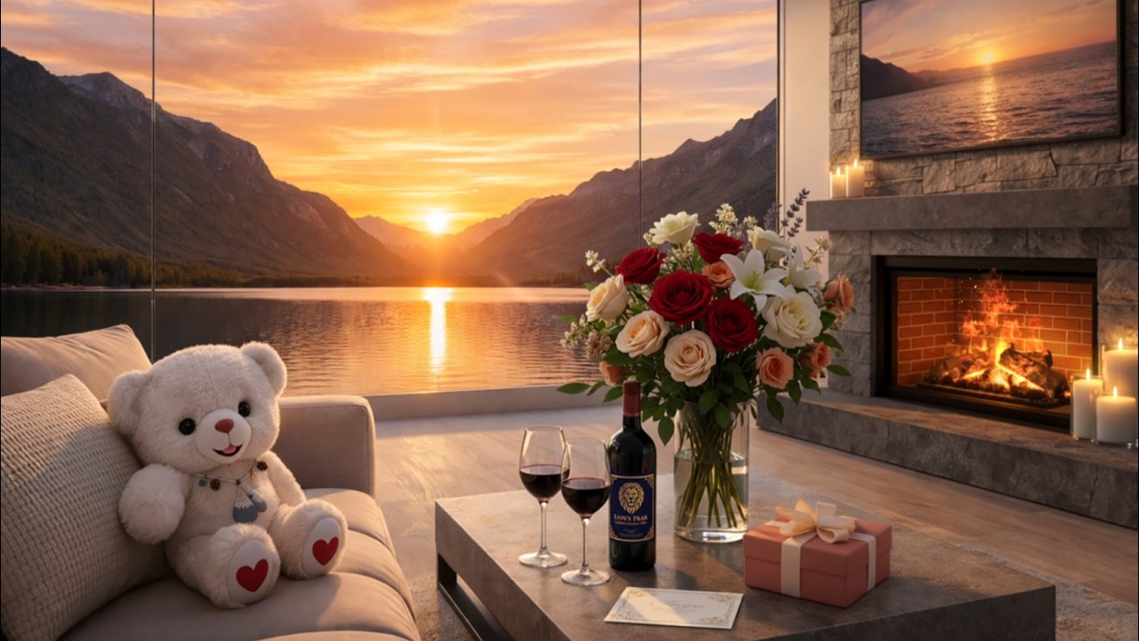 Soft Jazz by the Fireplace 🌸 Sunset Over the Mountain Lake | Relax, Study & Work