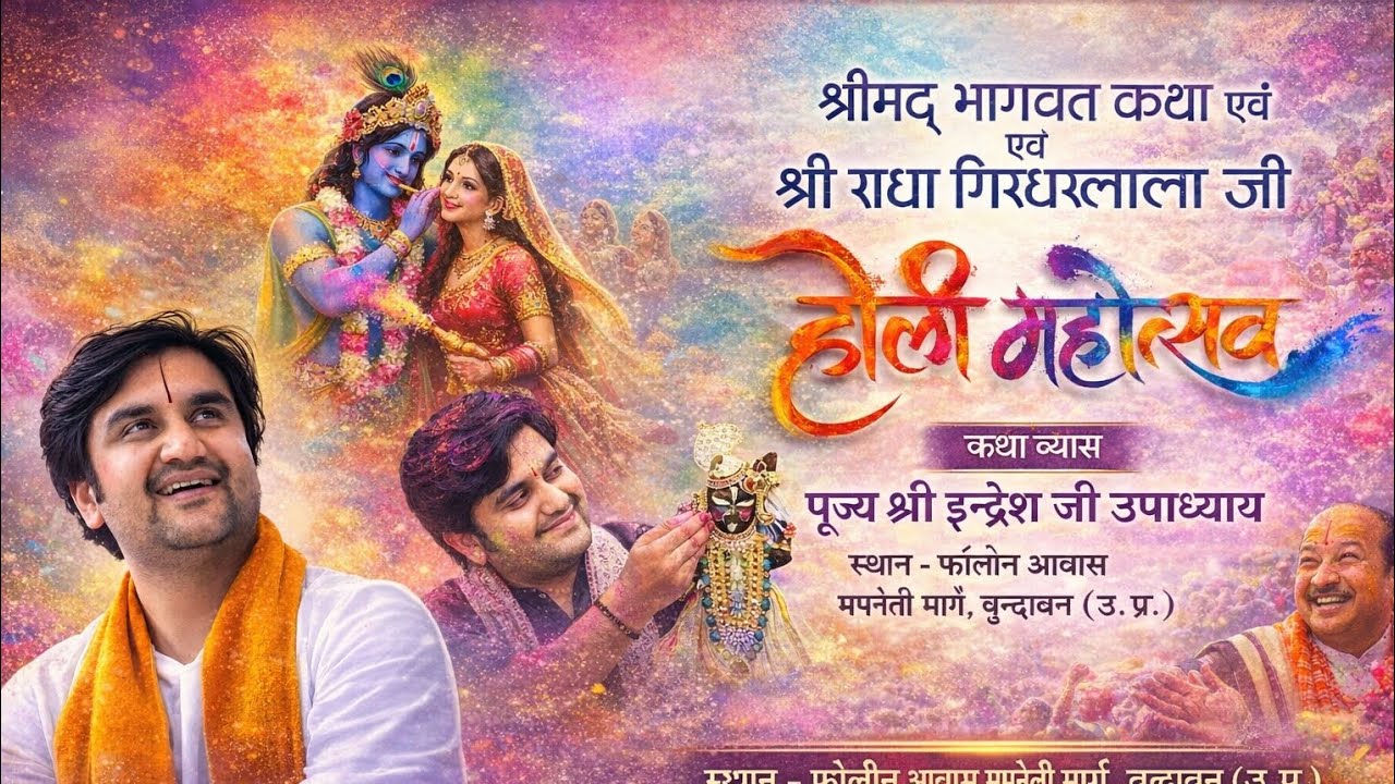 🙏🦚 होली उत्सव:  श्रीमद् भागवत कथा 🙏🦚 श्री राधा गिरधारी लाल जी 🙏🦚 पूज्य श्री इंद्रेश जी उपाध्याय 🙏🦚