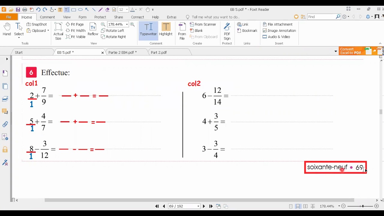 Eb5-Addition et soustraction des fraction (p.69 n=6+p.70 n=7)