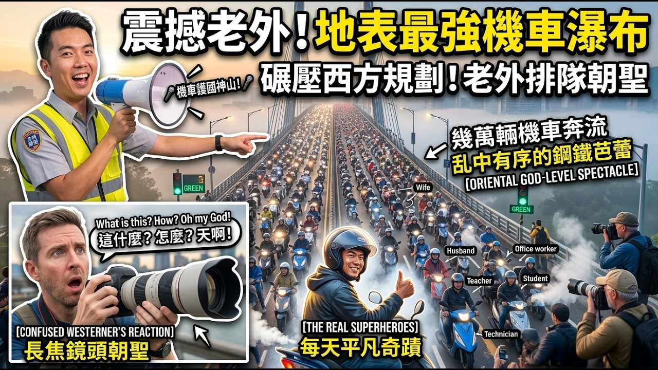 老外看傻眼的賽博龐克！台灣「機車瀑布」狂飆出東方神級默契，狠狠撕碎了西方交通的傲慢！
