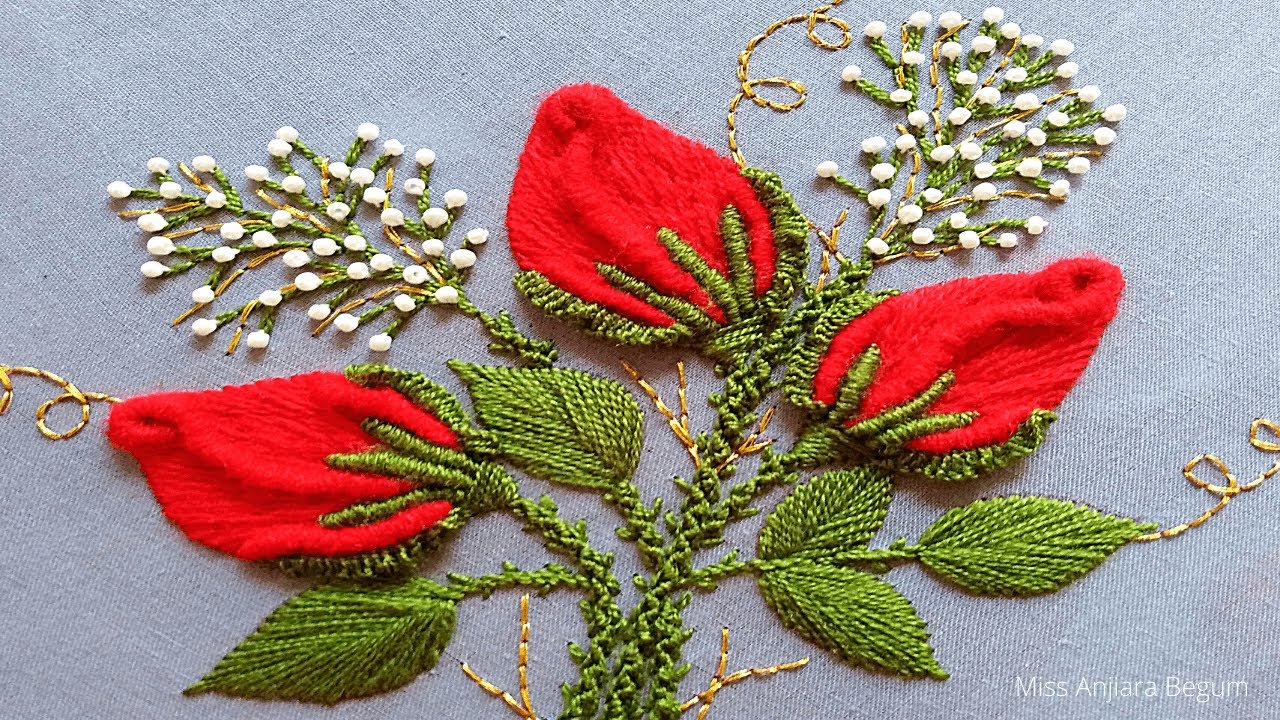 Red Rose Embroidery Design, Rose Flower Embroidery, Beaded Hand Embroidery, Roses for lover-220