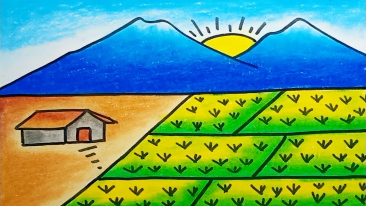 How To Draw Nature Scenery Rice Field And Mountain |Drawing House Scenery Easy