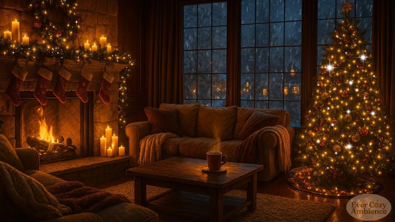 🎄 Cozy Christmas Living Room Ambience | Fireplace Crackling, Toy Train, Gentle Snowfall ❄️