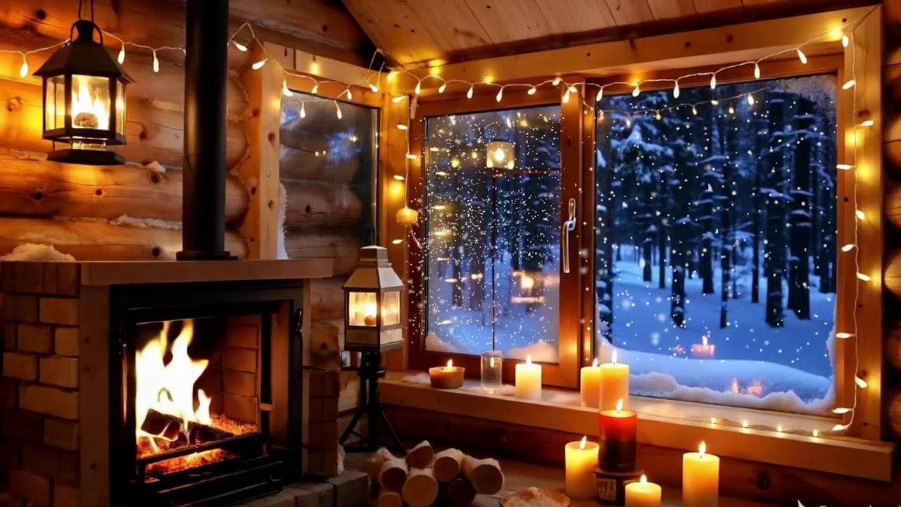 Midnight Jazz & Winter Ambience | Cozy Cabin Fireplace & Heavy Snowfall
