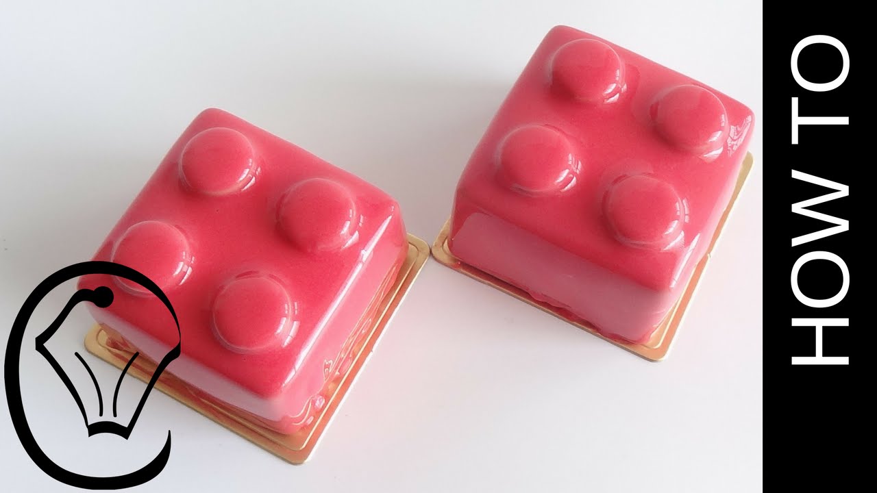 Shiny Red Mirror Glaze Lego Mousse Brick with Raspberry Sauce Insert by Cupcake Savvy's Kitchen