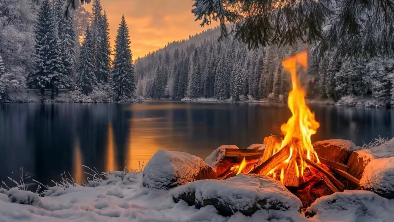Winter Campfire by the Lake 🔥❄️ | Relaxing Night Ambience for Sleep
