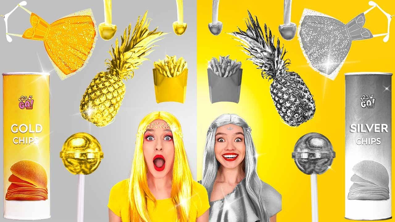 GOLD vs. SILVER FOOD || Eating One Color Food for 24 HRS! Funny Recipes by 123 GO! FOOD