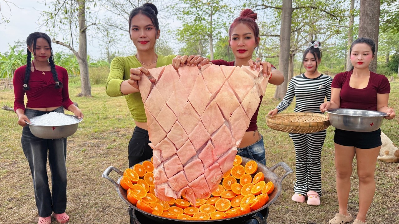 Amazing cooking deep fried pork belly and orange jelly recipe