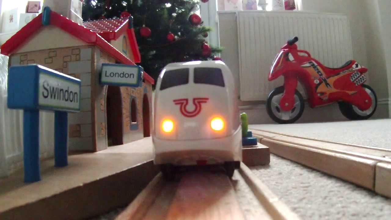 Brio Remote Controlled Train -- a run to the snow. Jump aboard to a blanket of snow. (PoV).