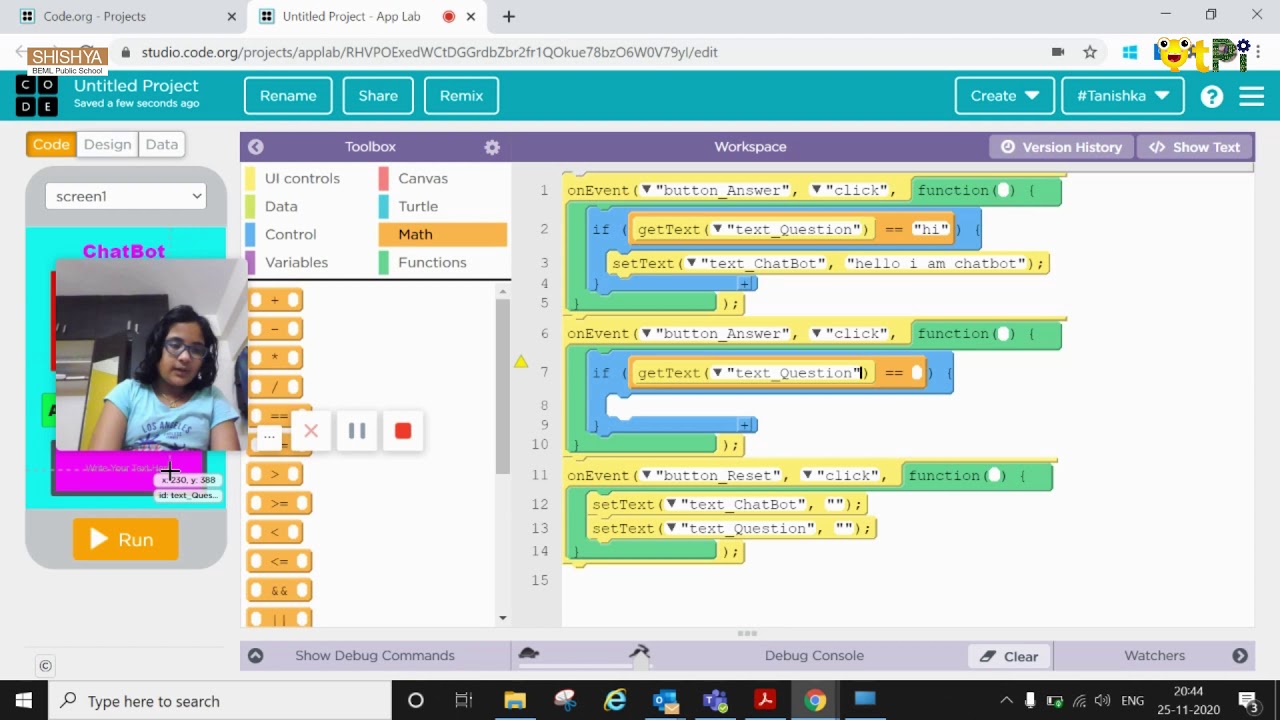 App Lab, Chat Bot Project by Tanishka i Coding & Robotics with QtPi