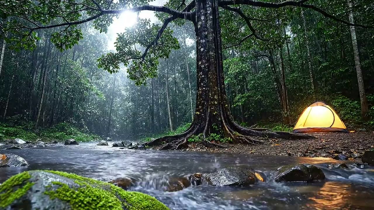 Heavy Rain on Tent in Deep Forest Night – Relaxing Rain & Stream Sounds for Sleep, Study, and Medita