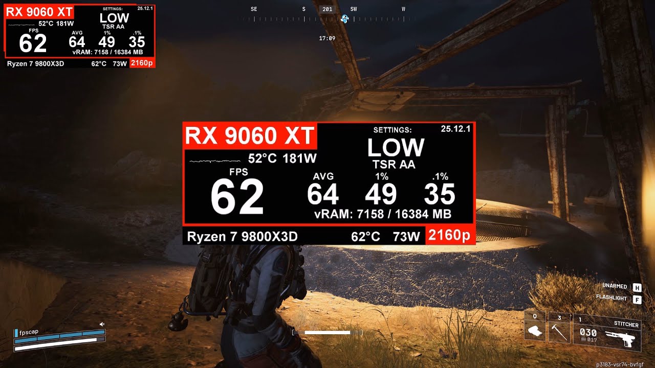 Arc Raiders: RX 9060XT 16GB + Ryzen 7 9800X3D 4K 2160p LOW FSR AA 