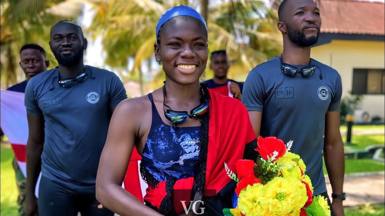 A military lady set records by swimming in the sea to an isolated island with 1 hr in ghana 