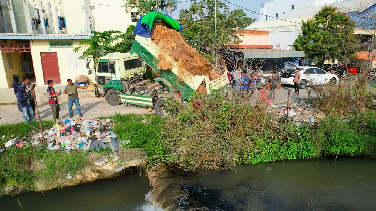 Good New Project! dumped soil into dirty water in garbage filled bulldozer Pushing