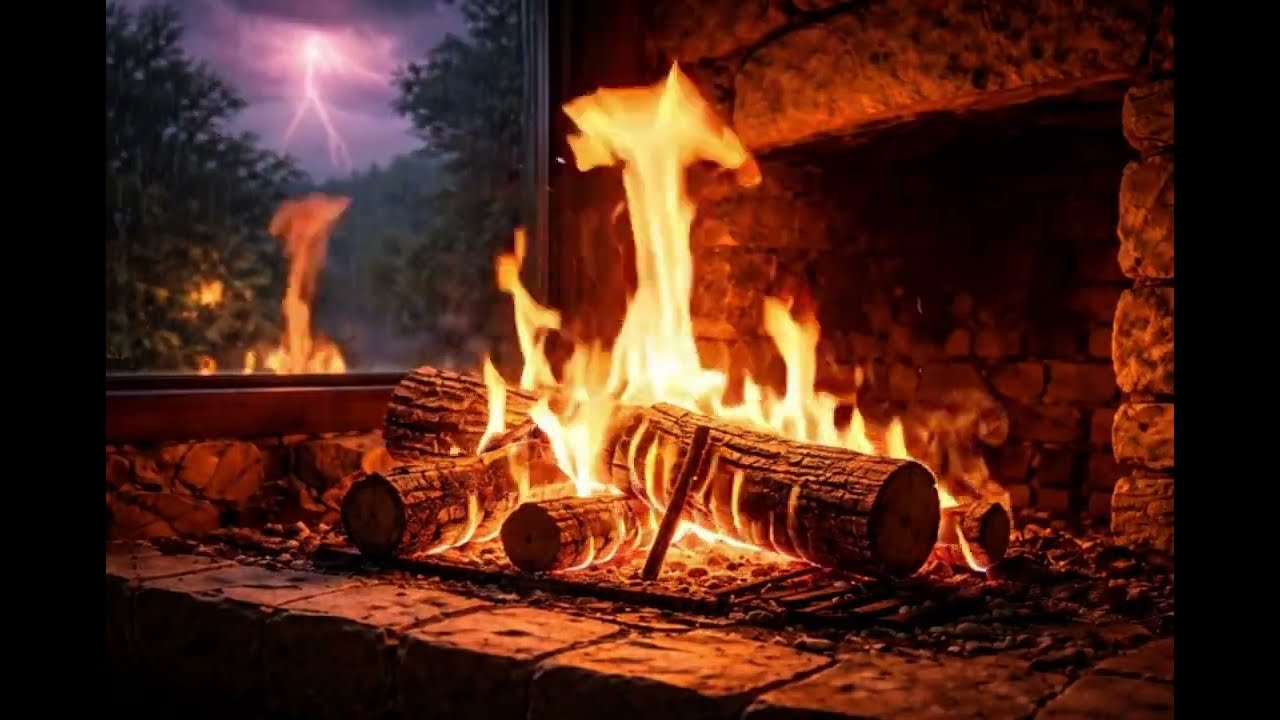 Best Cozy Fireplace with Rain & Soft Thunder for Relaxation