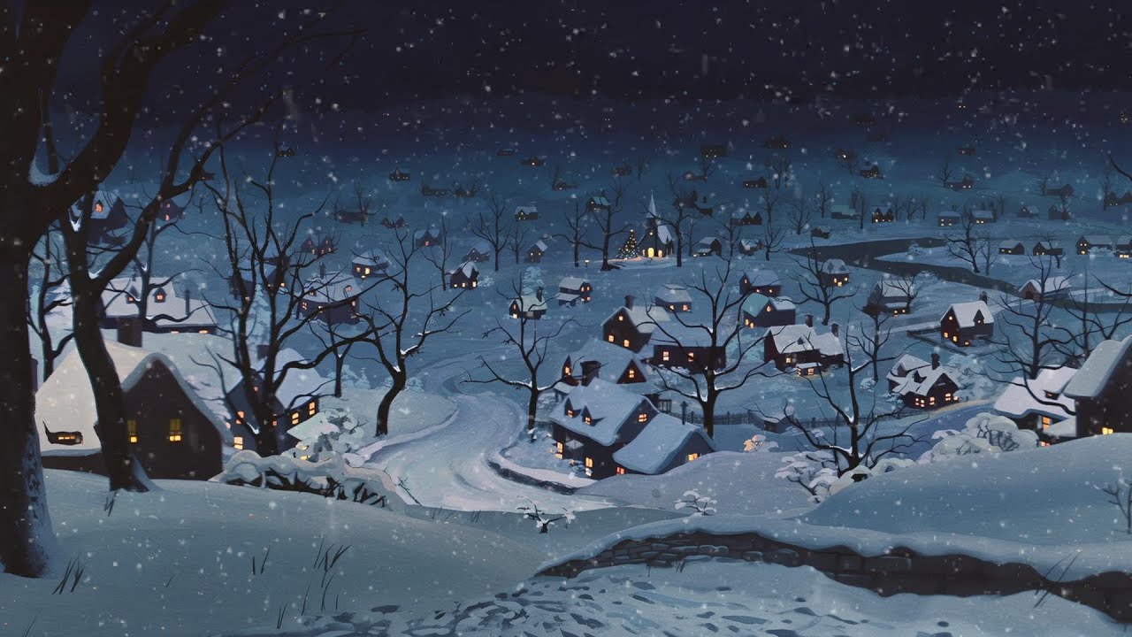 a cozy snowy night with 1950s vintage oldies playing in another room