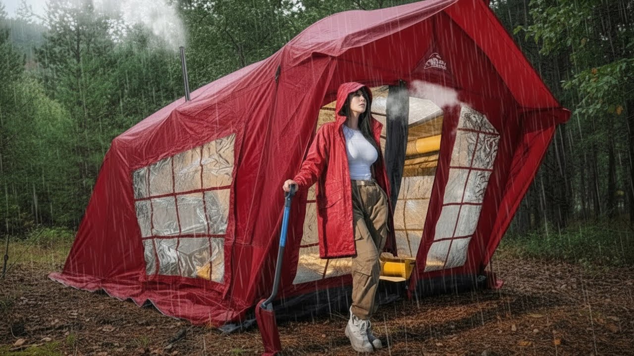 Alone in the Storm: Girl’s High-Speed Rain Camping Adventure!#forestlife