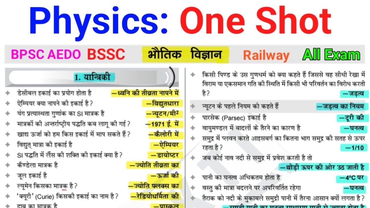Physics: One Shot (भौतिक विज्ञान) physics one liner questions // सभी परीक्षा के लिए महत्वपूर्ण🌹