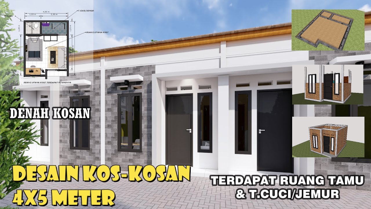 Desain Kos Kosan 4x5 Meter || Kamar Mandi Dalam, Ruang Tamu & Jemuran