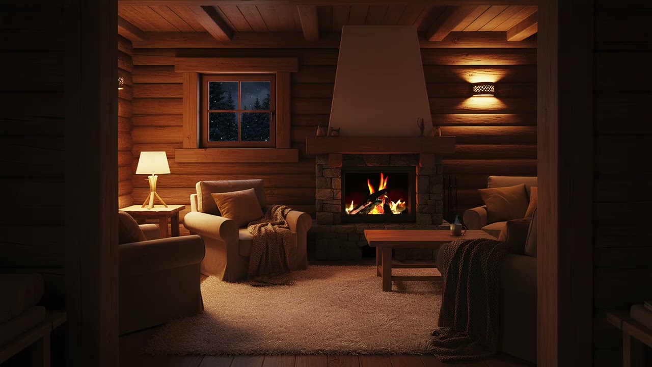 Soft Snowfall Around a Cozy Woodland Cabin – Peaceful Winter Night Ambience