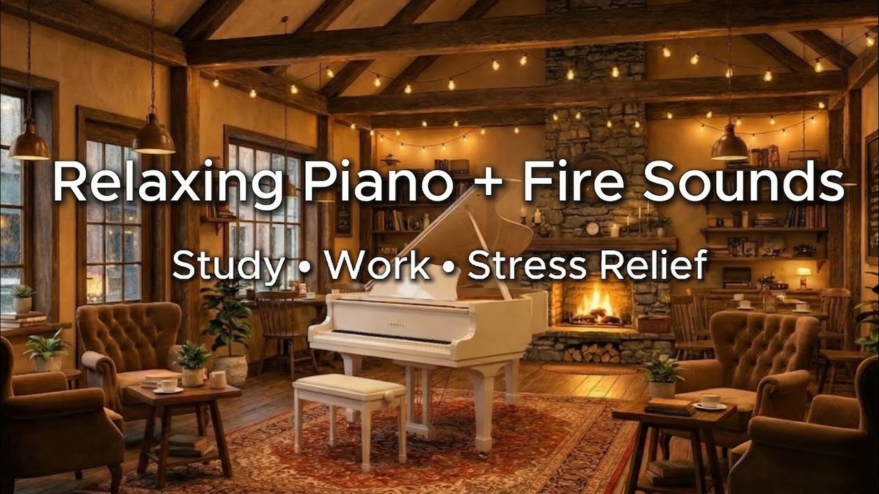 Relaxing Piano Music & Fire Sounds ☕️  Cozy Cafe Ambience for Study, Work, Stress Relief