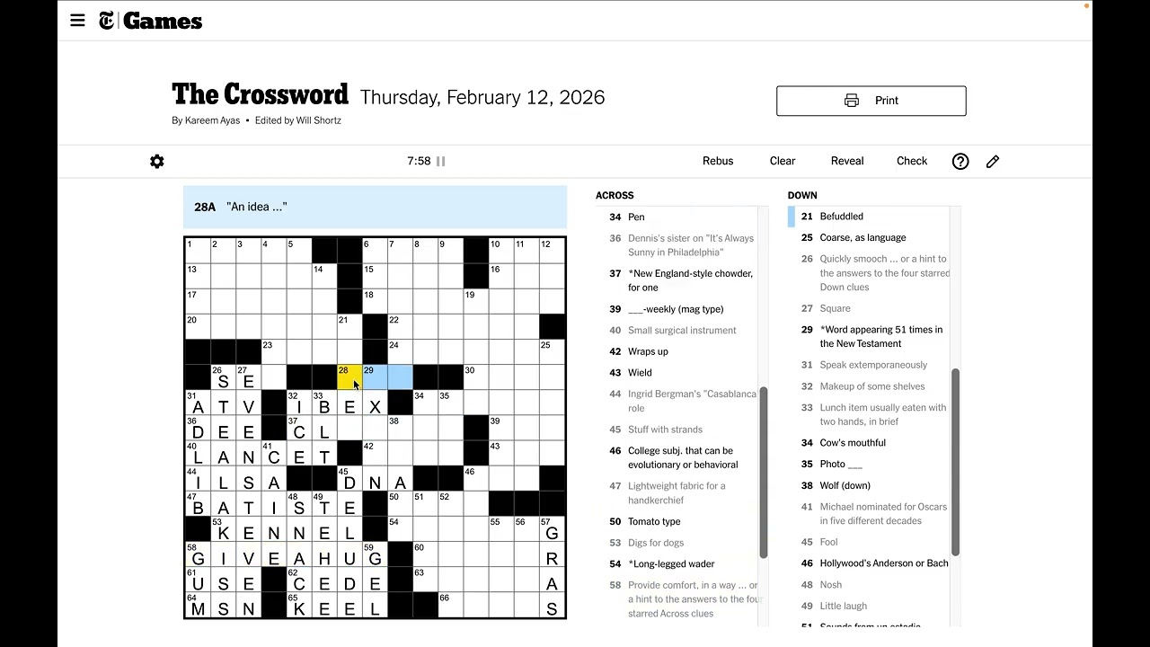 New York Times Crossword - Thursday Feb 12 2026