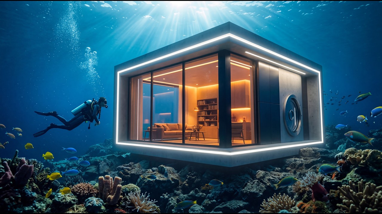 Building a Secret Modern Glass House Underwater Alone (ASMR)