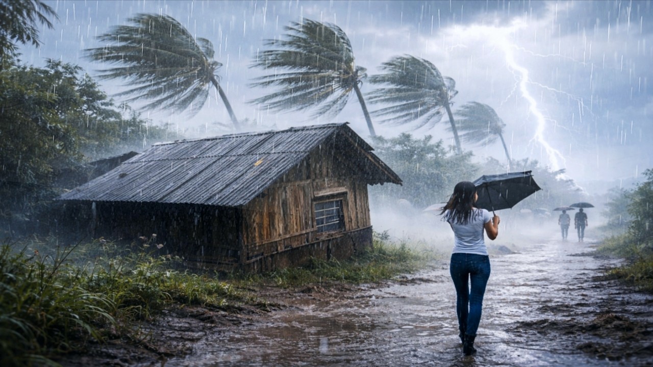 The biggest and craziest rainstorm accompanied by strong winds and thunder hit village in Indonesia