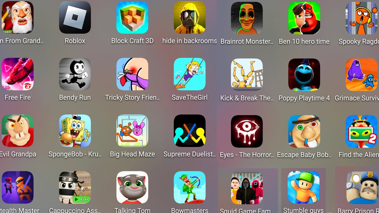 Roblox,Baby Bobby's Daycare,RUN FROM GRANDPA,Poppy Playtime 4,Squid Game Family,Ben 10 Super Hero...