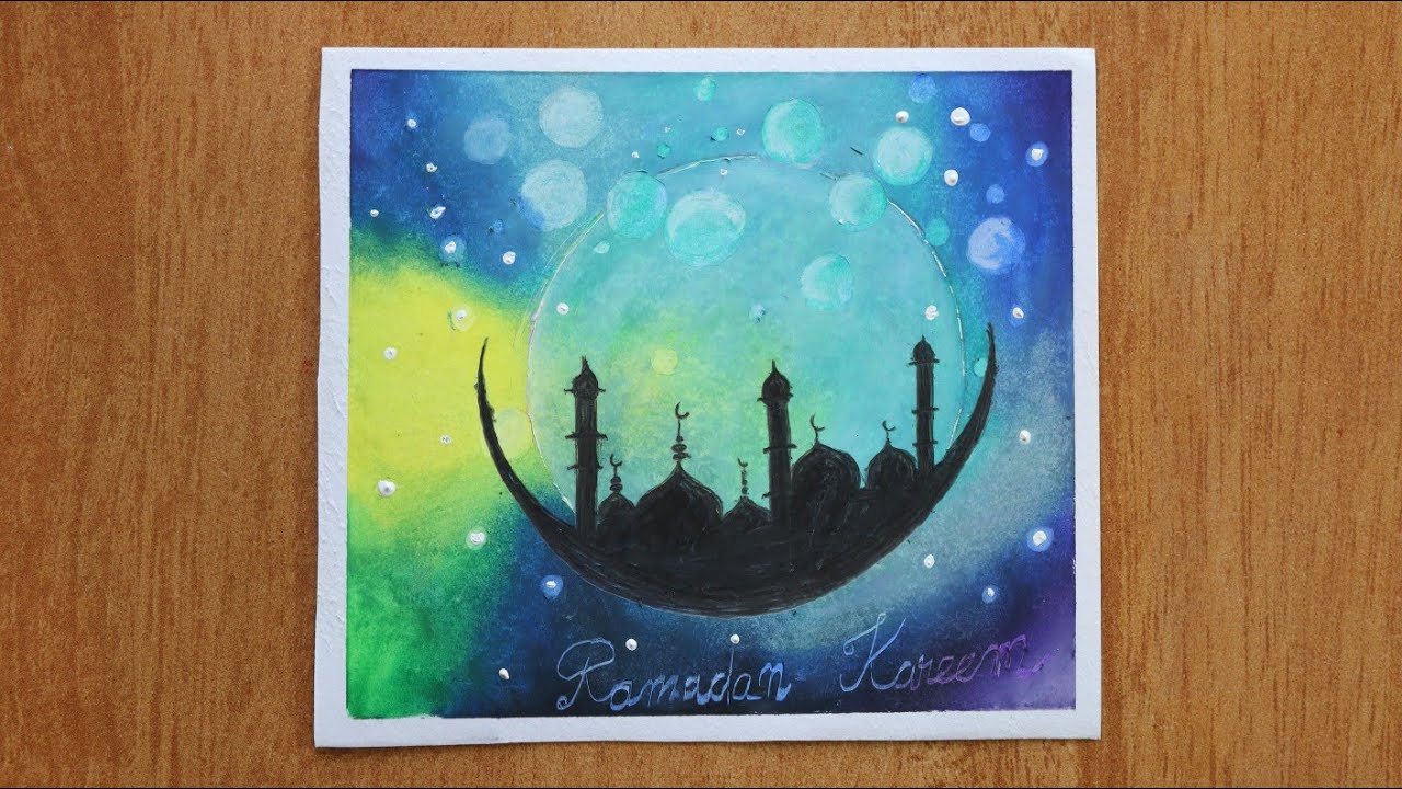 Ramadan Mubarak / Easy oil pastel drawing for beginners / Beautiful moonlight scenery drawing