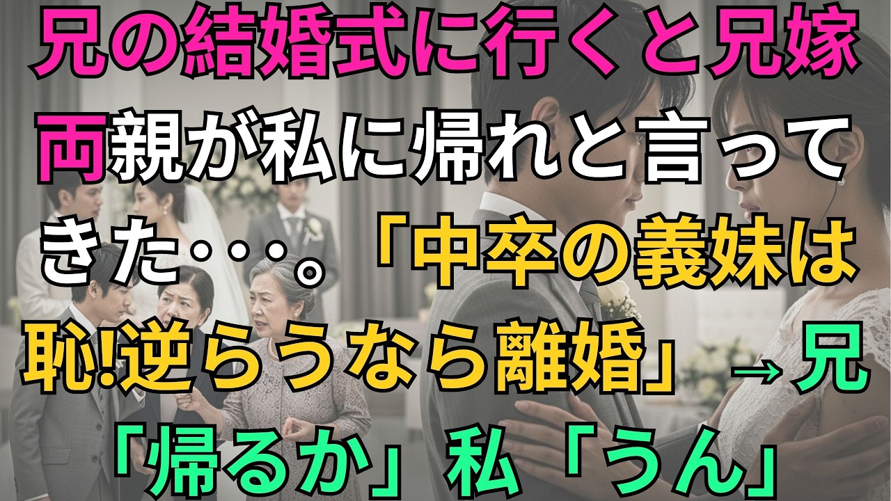 【子猫する話】兄の結婚式に行くと兄嫁両親が私に帰れと言ってきた...「中卒の義妹は恥！逆らうなら離婚だ！」→兄「帰るか」私「うん」【修羅場】