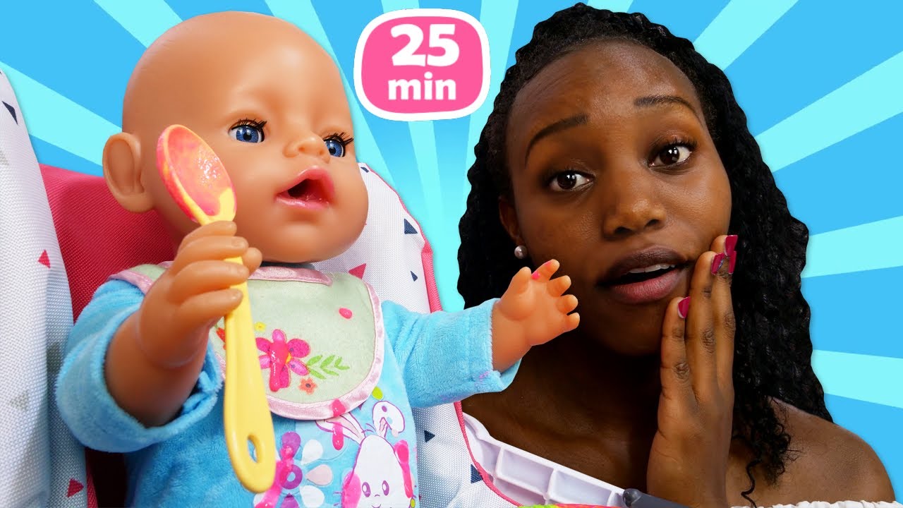 Baby doll's clothes are dirty! Baby Emily Doll tried to eat toy food by herself and got dirty.