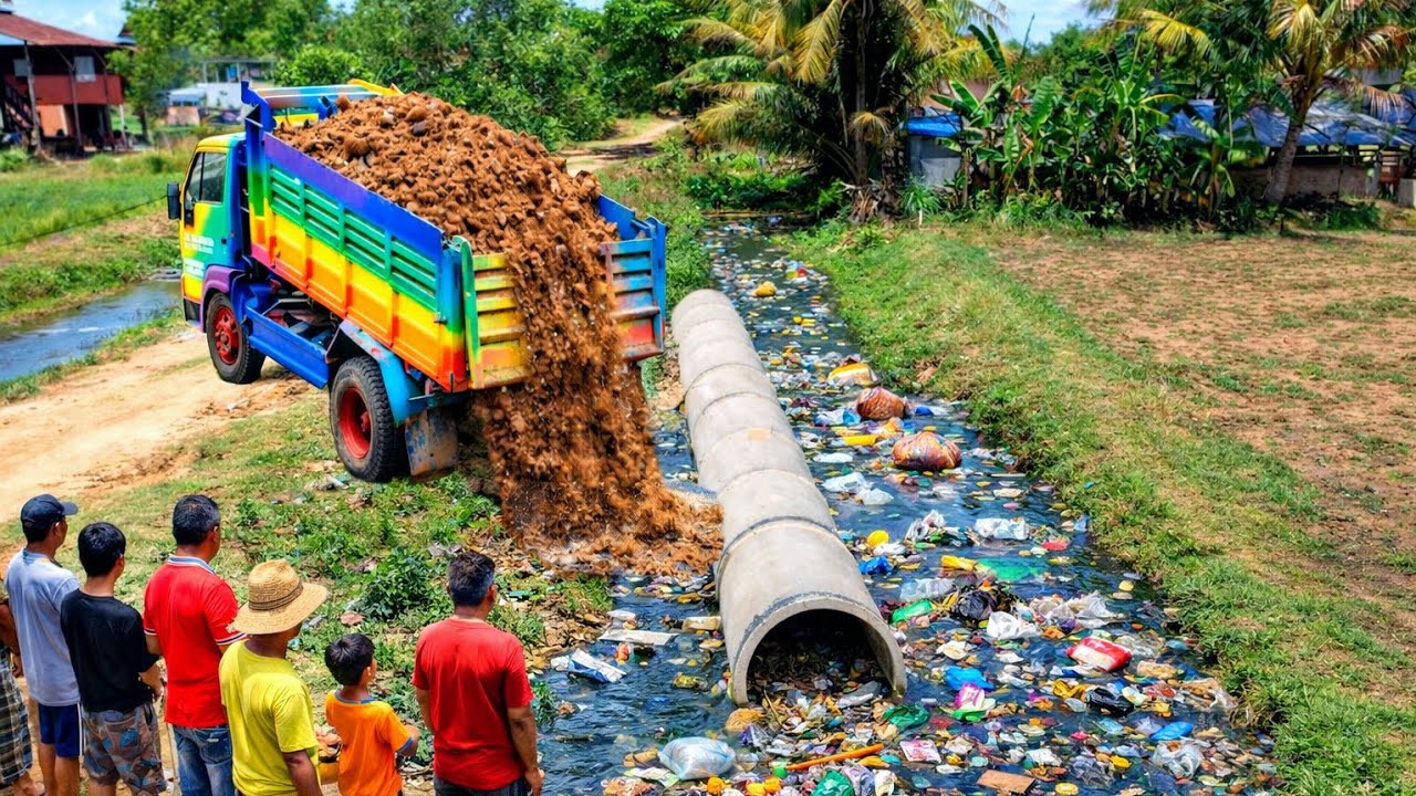 Start New Delete Drainage PROJECT!! By Skill Bulldozer Pushing Soil & 5 T Truck Dumping