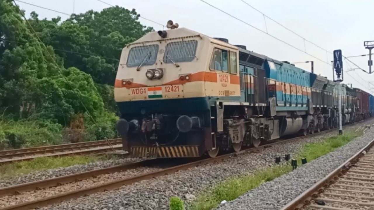 Indian Railways BCN Freight Wagons Hauling WDG-4 GOOTY Locomotives Accelerating Towards VIJAYAWADA