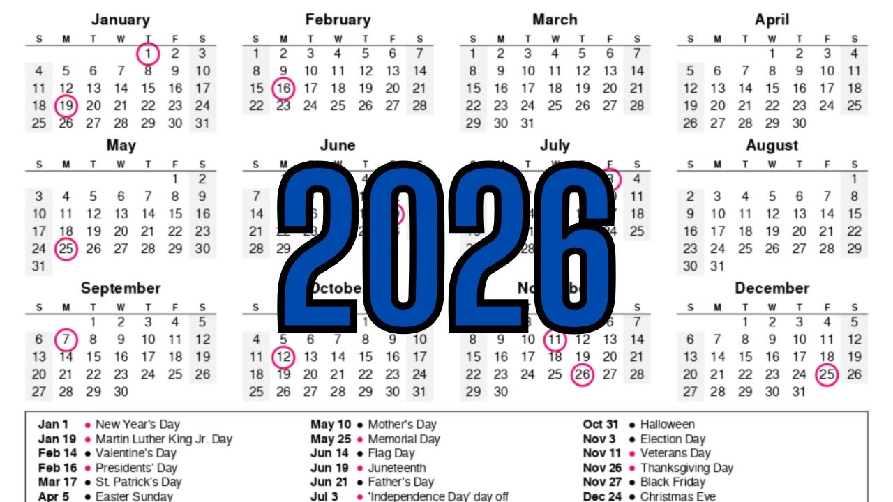 2026 Calendar (January, February, March, April...) with Holidays