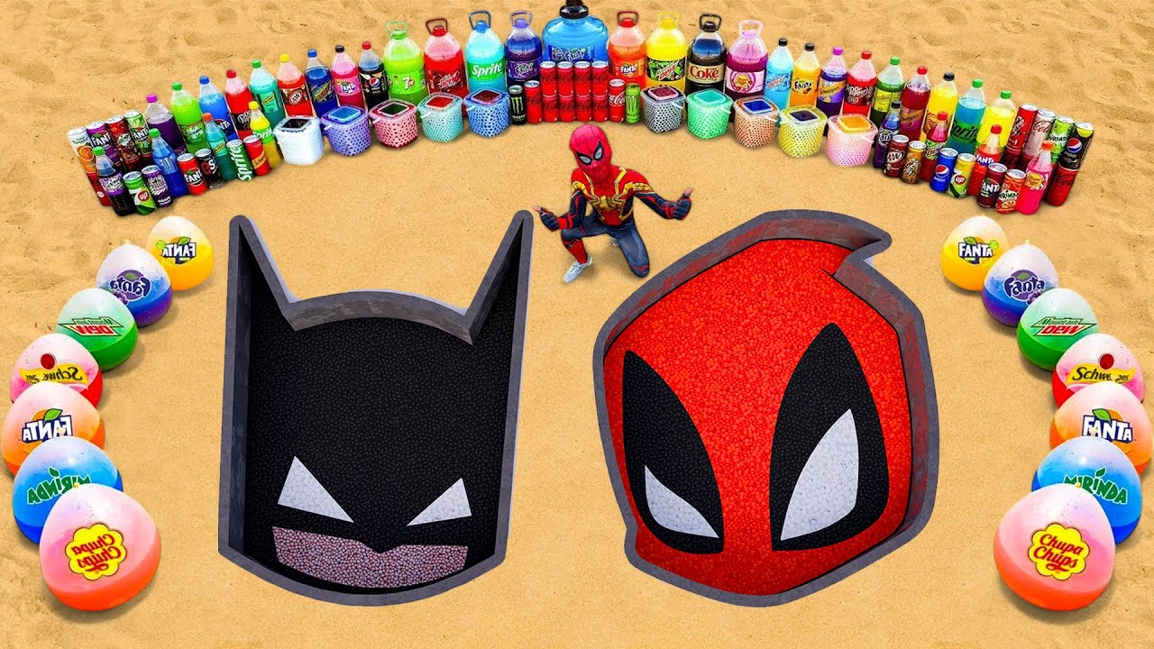 Experiment: Batman vs Deadpool Eruption from Orbeez, Mtn Dew, Balloons of Soda, Coca Cola and Mentos
