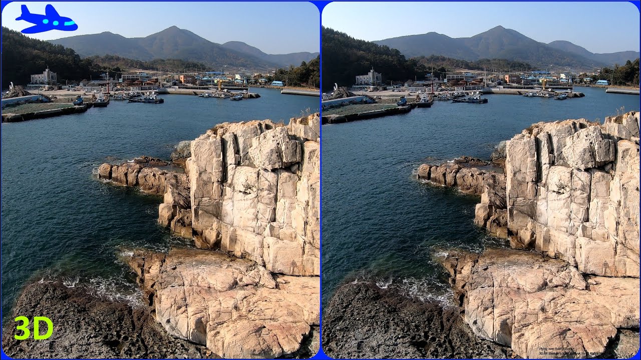 3D video, Drone 3D, Flying over Rocky Shore, 3D Aerial video, Magic eye, Seacoast, S3D