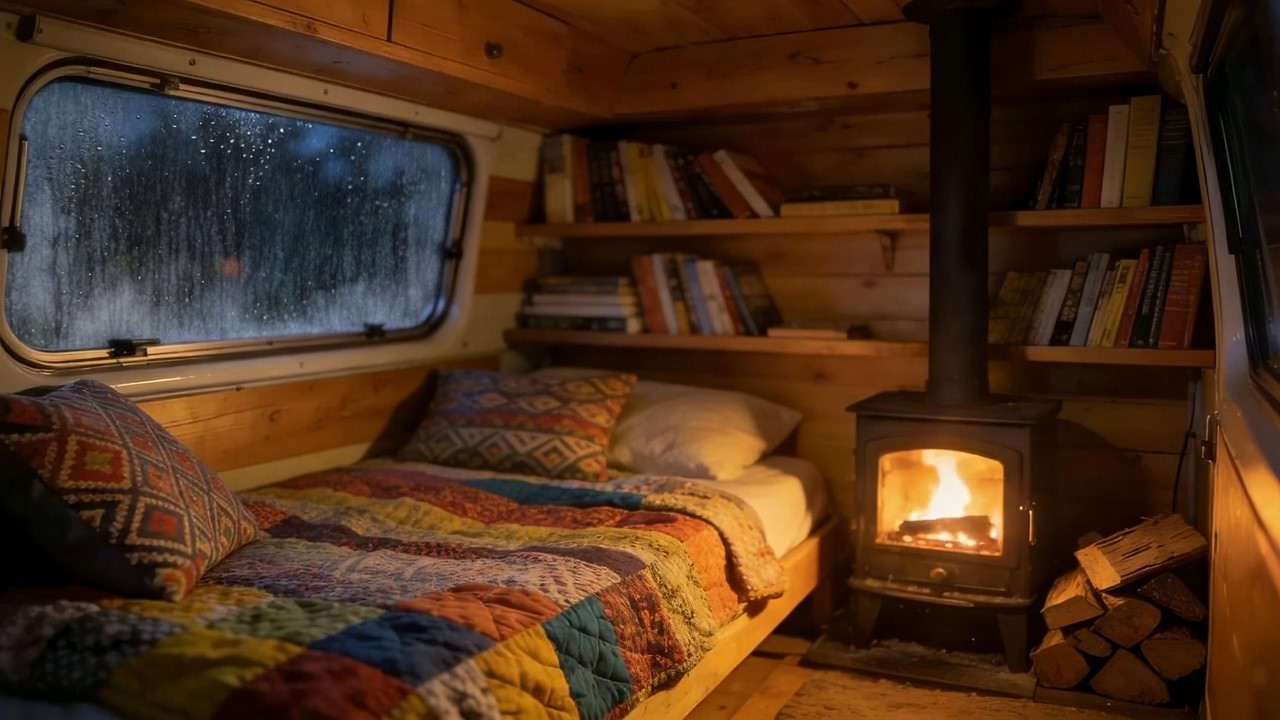 Rain on Window & Crackling Fire Sounds | Cozy Van Life Ambience for Focus & Study