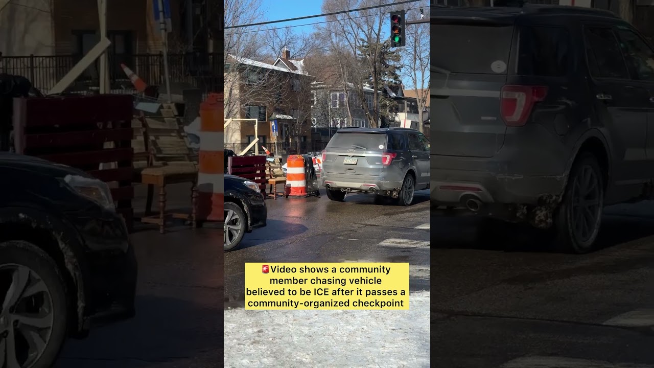 Community member chasing vehicle believed to be ICE after it passes a community-organized checkpoint